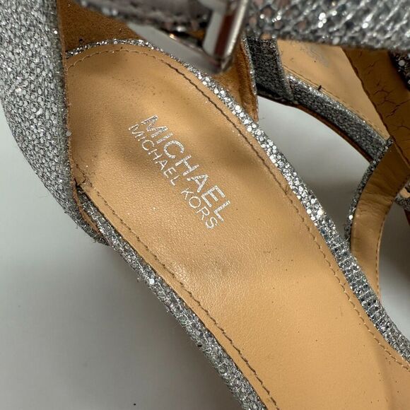 Michael Kors Open Toe Strappy Heel Glitter Silver Size 8M - 4.5" Heel - Picture 5 of 16